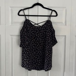 Navy and Pink cold shoulder top. Brand is Kaleigh, purchased from Stitch Fix.